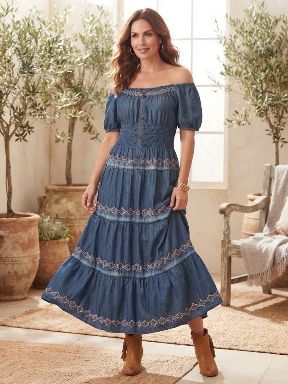 Off-Shoulder Blue Cotton Denim Tiered Maxi Dress